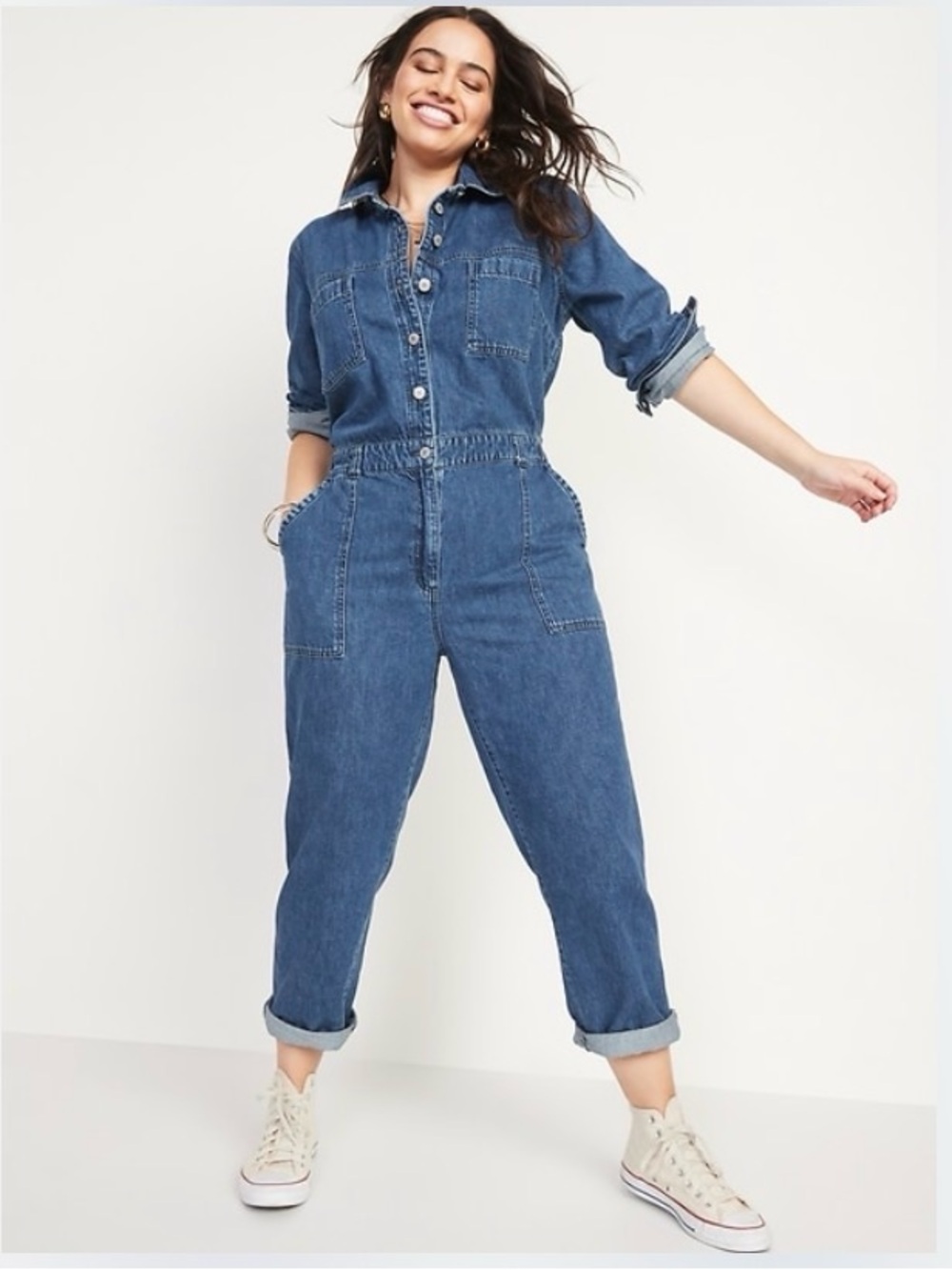 Old Navy Women’s Long Sleeve Button Utility Denim Jumpsuit, Blue Size XL